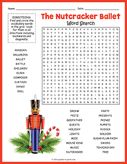 Free printable The Nutcracker Ballet Word Search puzzle worksheet