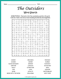 Free printable The Outsiders Word Search puzzle worksheet