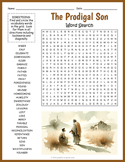 Free printable The Prodigal Son Word Search puzzle worksheet