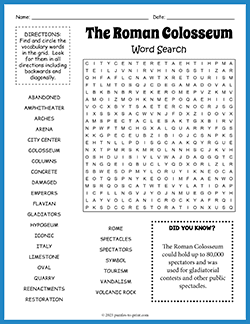Free printable The Roman Colosseum Word Search puzzle worksheet