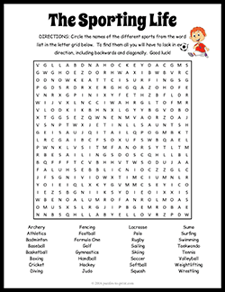 Free printable The Sporting Life Word Search puzzle worksheet