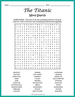 Free printable The Titanic Word Search puzzle worksheet