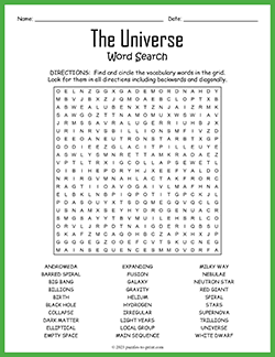 Free printable The Universe Word Search puzzle worksheet