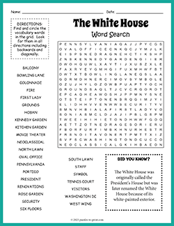 Free printable The White House Word Search puzzle worksheet