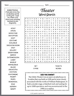 Free printable Theater Word Search puzzle worksheet
