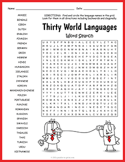 Free printable Thirty World Languages Word Search puzzle worksheet