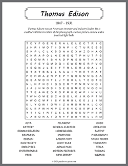 Free printable Thomas Edison Word Search puzzle worksheet