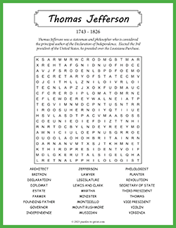 Free printable Thomas Jefferson Word Search puzzle worksheet