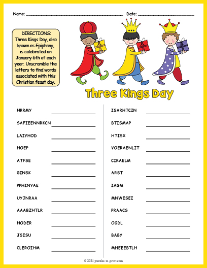 Three Kings Day Word Scramble