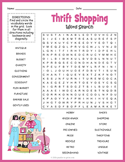 Free printable Thrift Shopping Word Search puzzle worksheet