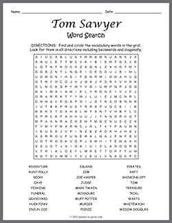 Free printable Tom Sawyer Word Search puzzle worksheet