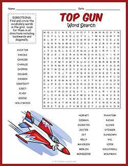 Free printable Top Gun Word Search puzzle worksheet