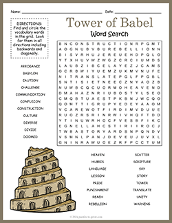 Free printable Tower of Babel Word Search puzzle worksheet