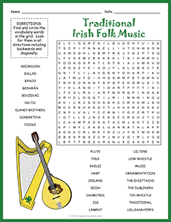 Free printable Traditional Irish Folk Music Word Search puzzle worksheet