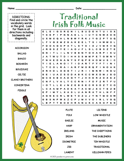 Irish Folk Music Word Search thumbnail
