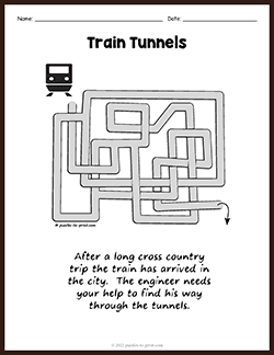 Free printable Train Tunnel Maze puzzle worksheet