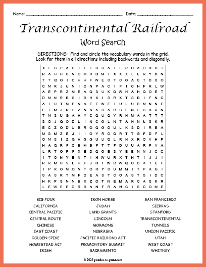 Transcontinental Railroad Word Search