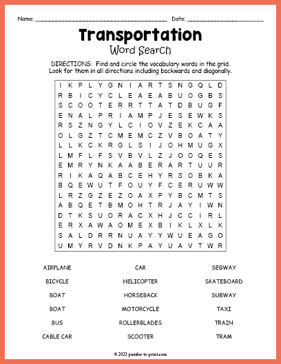 Transportation Word Search