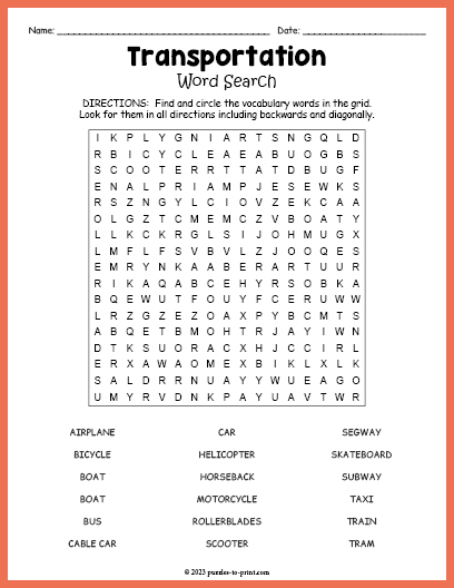 Transportation Word Search