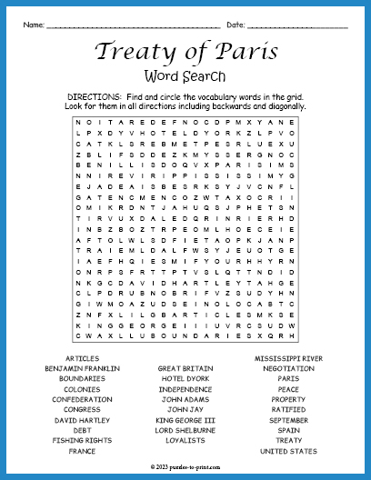 Treaty of Paris Word Search