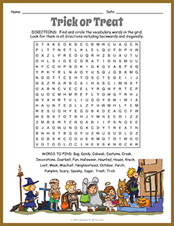 Free printable Trick or Treat Word Search puzzle worksheet