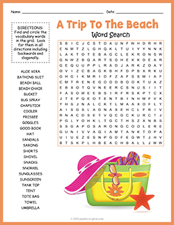 Free printable Trip To The Beach Word Search puzzle worksheet