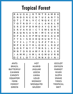 Free printable Tropical Forest Word Search puzzle worksheet