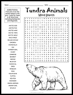 Free printable Tundra Animals Word Search puzzle worksheet