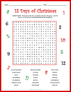 Free printable Twelve Days of Christmas Word Search puzzle worksheet