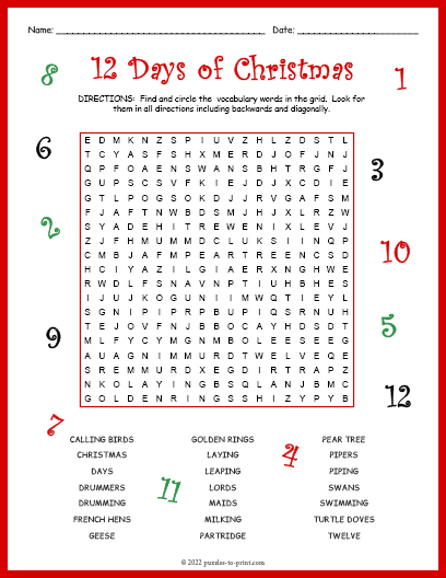 Twelve Days of Christmas Word Search