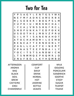 Free printable Two for Tea Word Search puzzle worksheet