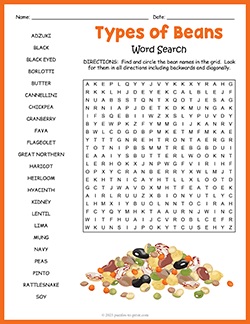 Free printable Types of Beans Word Search puzzle worksheet