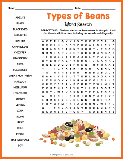 Types of Beans Word Search