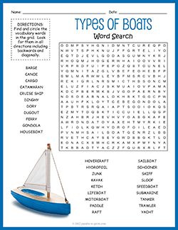 Free printable Types of Boats Word Search puzzle worksheet