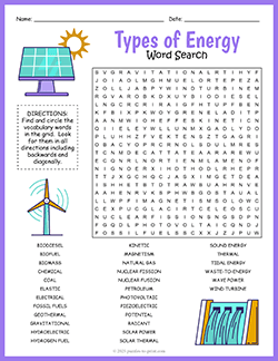Free printable Types of Energy Word Search puzzle worksheet