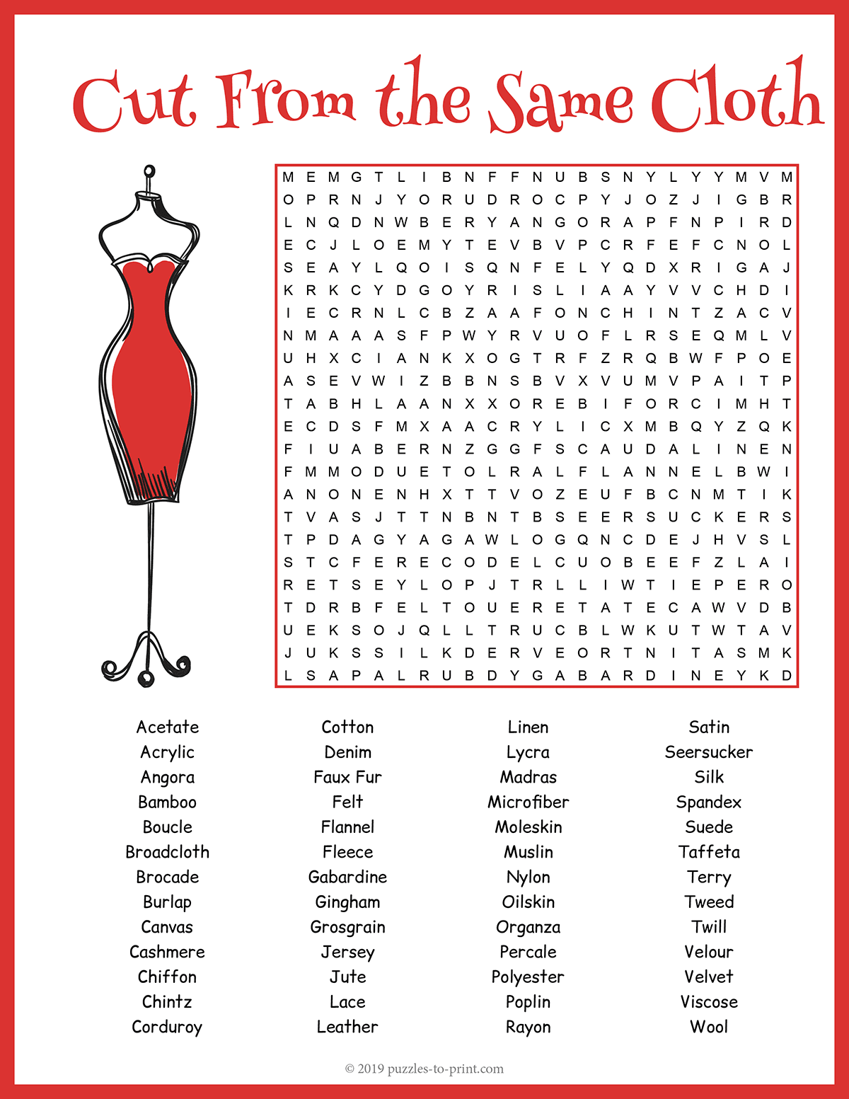 Types of fabric word search