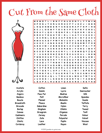 Types Of Fabric Word Search