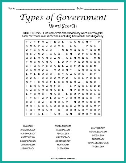 Types of Government Word Search
