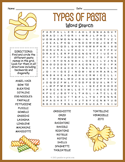 Free printable Types of Pasta Word Search puzzle worksheet