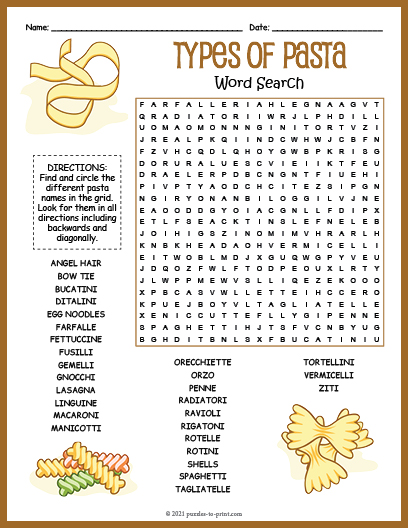 Types of Pasta Word Search