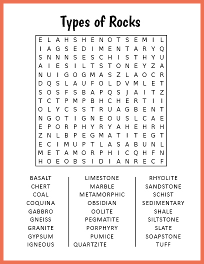 Types of Rocks Word Search