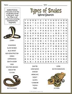 Free Printable Types of Snakes Word Search Puzzle Worksheet