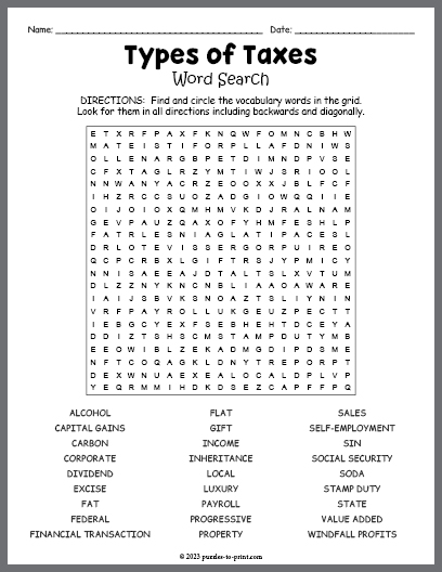 Types of Taxes Word Search