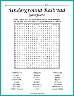 Free printable Underground Railroad Word Search puzzle worksheet
