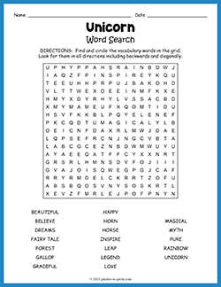 Free printable Unicorn Word Search puzzle worksheet