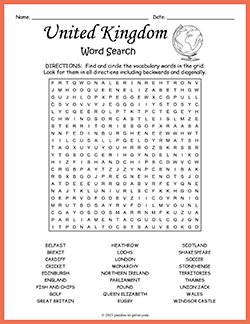 Free printable United Kingdom Word Search puzzle worksheet