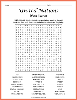 Free printable United Nations Word Search puzzle worksheet