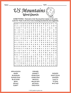 Free printable US Mountains Word Search puzzle worksheet