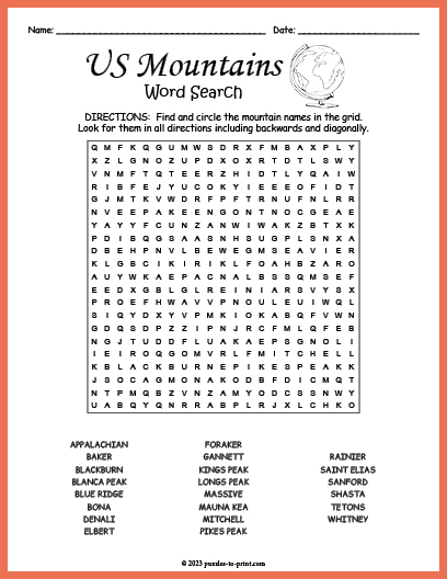 US Mountains Word Search