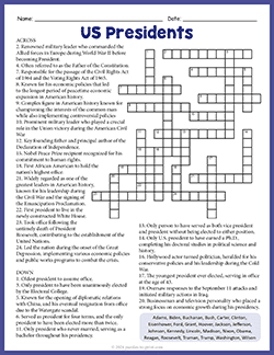 Free printable US Presidents' Day Crossword puzzle worksheet
